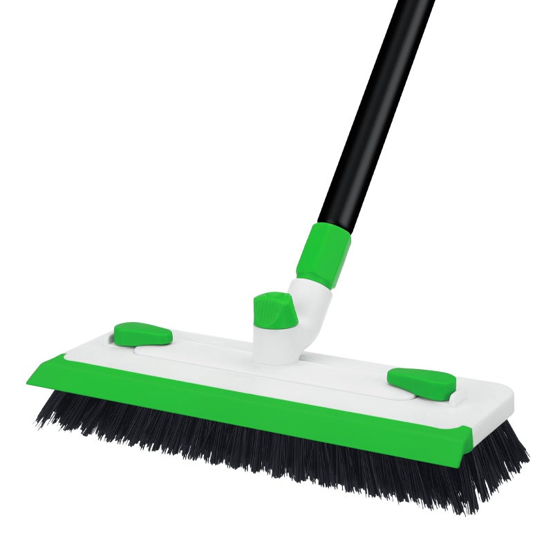 Floor Scrub Brush with Long Handle 3in1 Floor Scrubber Brush with Squeegee Stiff Bristle Deck Brush for Cleaning Tile Bathroom Patio Deck Garage Grout